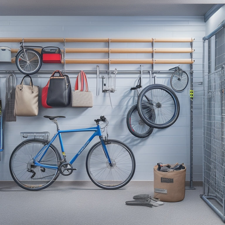 A clutter-free small garage with a sleek, silver, wall-mounted bike rack holding three bicycles, surrounded by neatly organized storage bins and a few tools on a pegboard.