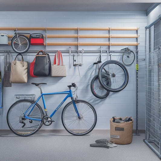 A clutter-free small garage with a sleek, silver, wall-mounted bike rack holding three bicycles, surrounded by neatly organized storage bins and a few tools on a pegboard.