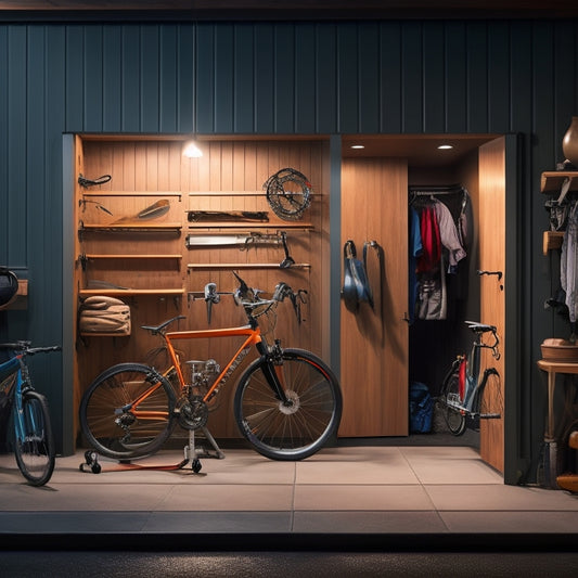 A well-lit, organized garage with a sleek, modern door featuring a natural wood finish, surrounded by neatly arranged tools and sports equipment, with a few bicycles and a car in the background.