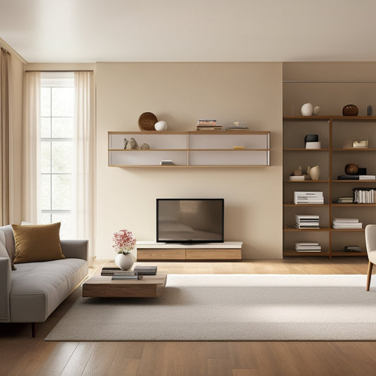 A modern, minimalist living room with creamy walls, dark wood floors, and a floor-to-ceiling recessed shelving unit featuring staggered, asymmetrical compartments in varying depths.