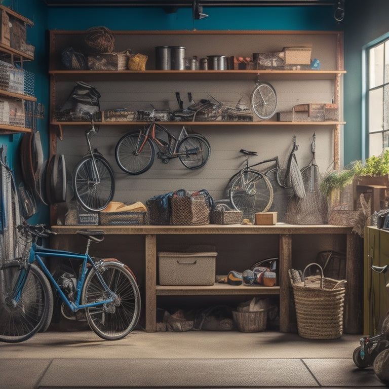 A cluttered garage with tools scattered on the floor, bicycles tangled in cobwebs, and boxes stacked haphazardly, contrasted with a tidy corner featuring a organized pegboard and labeled storage bins.