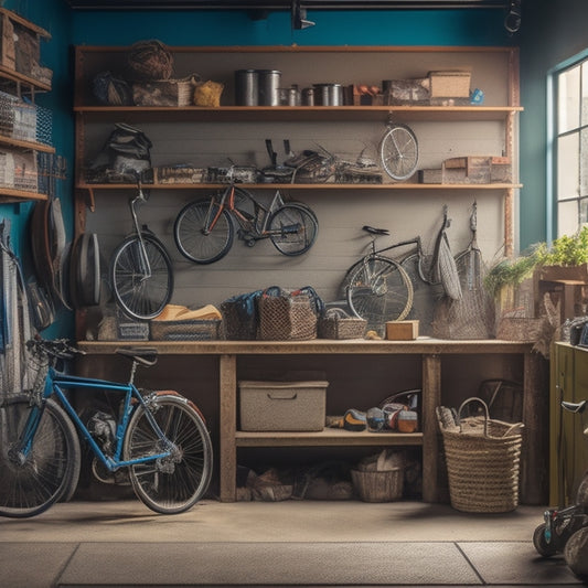 A cluttered garage with tools scattered on the floor, bicycles tangled in cobwebs, and boxes stacked haphazardly, contrasted with a tidy corner featuring a organized pegboard and labeled storage bins.