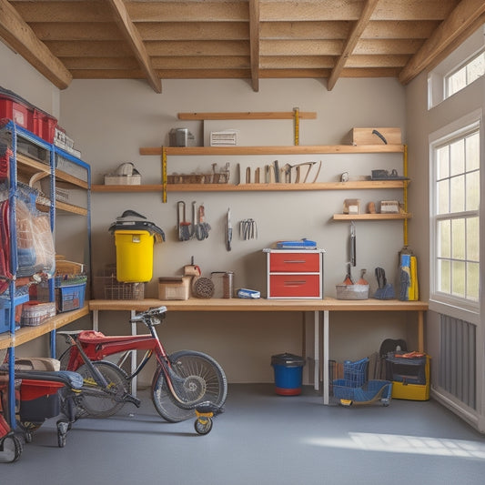 A clutter-free garage with a senior-friendly workbench, labeled bins on adjustable shelving, a mobility scooter parked beside a well-organized pegboard, and natural light pouring in through a clean window.