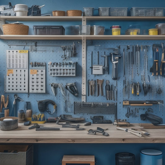 A clutter-free workshop with a Koova tool organizer mounted on a pegboard, holding various tools and accessories, surrounded by a tidy workbench and a few organized storage bins.