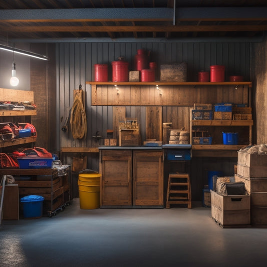 A clutter-free garage with a row of sturdy wooden pallets against a gray concrete wall, each pallet stacked with organized bins, tools, and equipment, illuminated by soft, warm lighting.