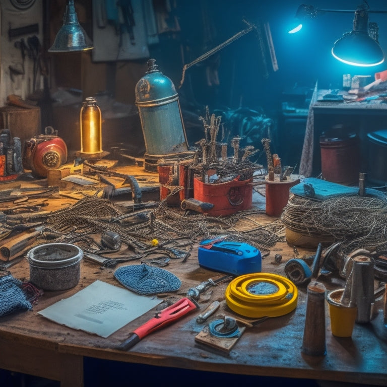 A cluttered workshop table with scattered tools and materials, with a single Maker Pipe connector standing out amidst the chaos, surrounded by half-built DIY projects and tangled wires.