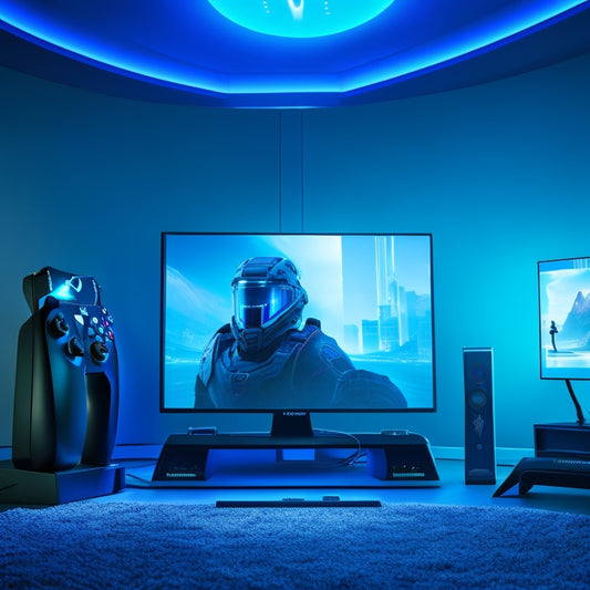 A futuristic gaming setup with a sleek, matte-black Xbox Series console, surrounded by a halo of soft, blue LED lights, connected to a massive, curved 4K TV with vibrant, in-game visuals.