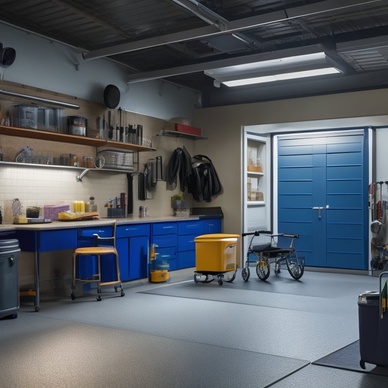 A well-lit garage interior with a flat, non-slip floor, featuring a wheelchair-accessible workbench, wall-mounted storage, and a walk-in area with grab bars, surrounded by clear pathways and minimal clutter.