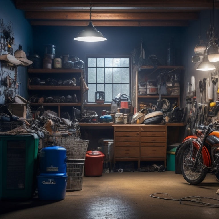 A cluttered garage interior with scattered tools, sports equipment, and storage bins, dimly lit with a faint lightbulb, and a clock on the wall showing 5 minutes past the hour.