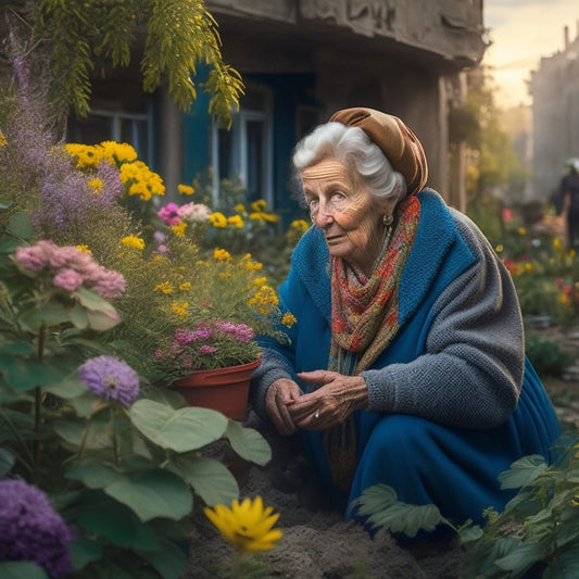 A warm, golden-lit illustration of Alla Olkhovska, a determined elderly woman, tending to vibrant flowers and lush greenery in a makeshift garden amidst a war-torn, rubble-filled Ukrainian cityscape.