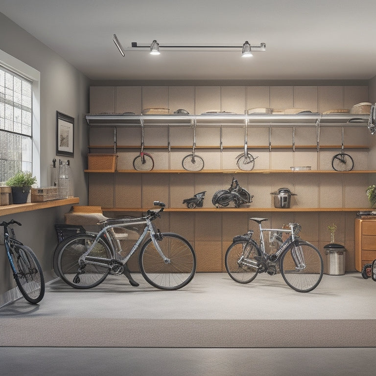 A serene, well-organized garage interior with a sleek, silver car parked in the center, surrounded by neatly arranged storage bins, hooks, and a pegboard, with a few bicycles hung from the ceiling.