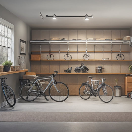 A serene, well-organized garage interior with a sleek, silver car parked in the center, surrounded by neatly arranged storage bins, hooks, and a pegboard, with a few bicycles hung from the ceiling.