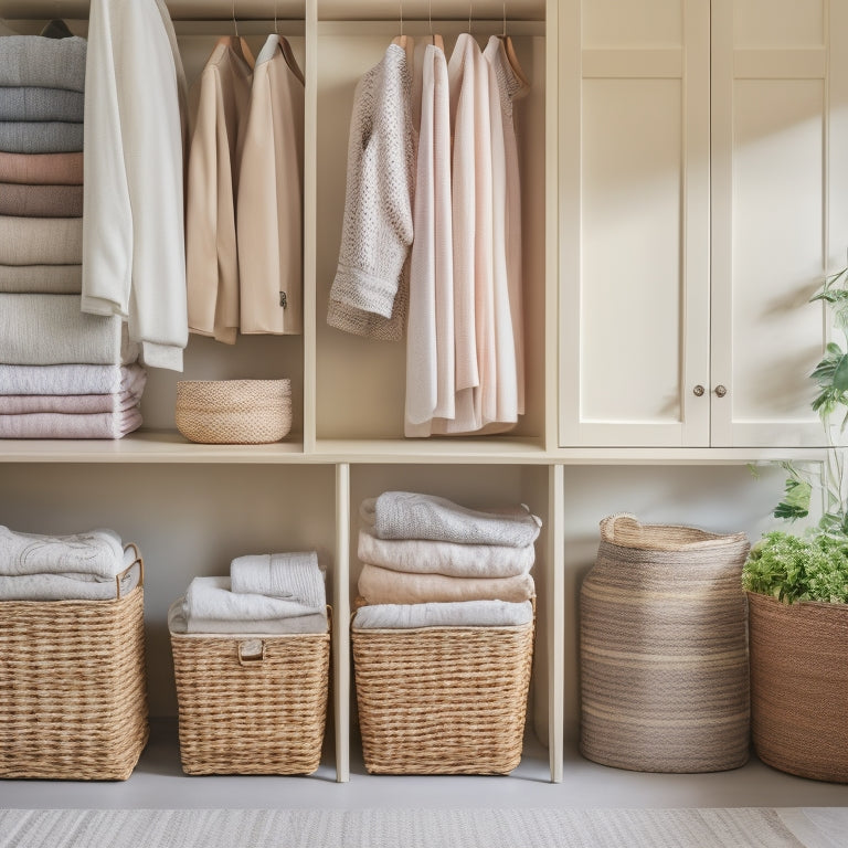 A serene, minimalist closet with neatly folded and stacked seasonal linens in pastel hues, stored in woven baskets and canvas bins, surrounded by lush greenery and soft, warm lighting.