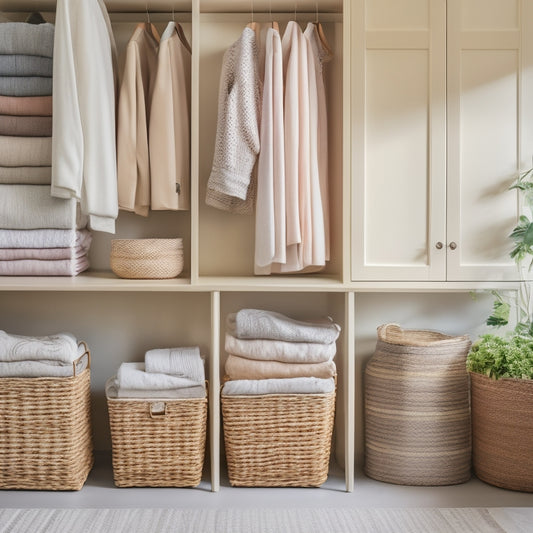 A serene, minimalist closet with neatly folded and stacked seasonal linens in pastel hues, stored in woven baskets and canvas bins, surrounded by lush greenery and soft, warm lighting.