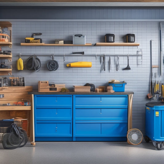 A neatly organized garage with a slatwall featuring various hooks, bins, and baskets, a floor-to-ceiling shelving unit, and a sleek workbench with a toolbox and a few scattered tools.
