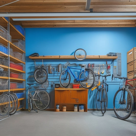 A well-organized garage interior with overhead storage racks, bicycles, and storage bins suspended from the ceiling, surrounded by tool-free installation hardware and a ladder in the center.