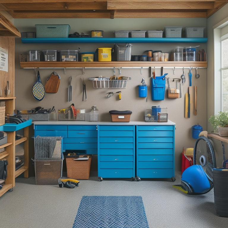 A clutter-free garage interior with a slatwall organization system, baskets, and bins, a workbench with a vice, a pegboard with tools, and a designated area for strollers and outdoor gear.