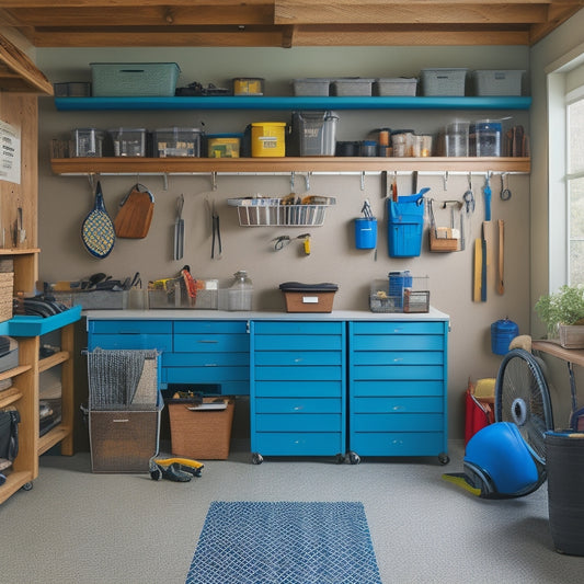 A clutter-free garage interior with a slatwall organization system, baskets, and bins, a workbench with a vice, a pegboard with tools, and a designated area for strollers and outdoor gear.