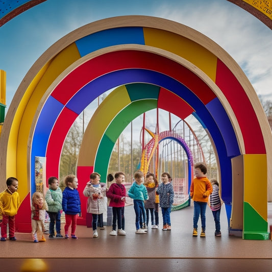 A colorful, curved catenary arch structure built with wooden or plastic pieces, surrounded by curious children of diverse ages and abilities, with scattered STEM-related materials like gears, blocks, and diagrams.