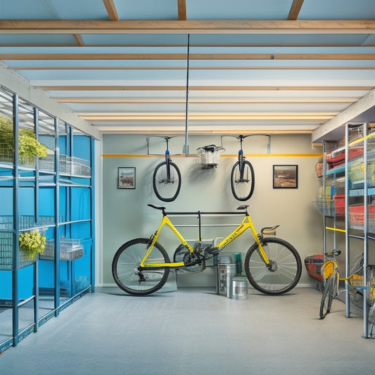A clutter-free garage with a sleek, silver overhead storage rack suspended from the ceiling, holding three translucent storage bins and a few bicycles, surrounded by a few tools and a ladder.