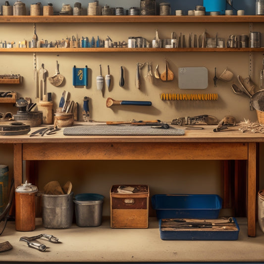 A tidy workshop bench with a sleek, silver tool grid mounted on the wall, holding various tool tips in neat rows, surrounded by scattered tools and a few scattered wood shavings.