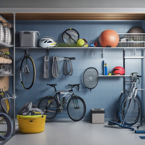 A clutter-free garage with a sleek, silver pegboard displaying various athletic equipment, including a bicycle, helmet, and tennis racket, alongside neatly organized bins and shelves storing sports gear.