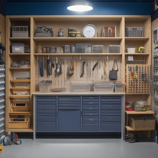 A well-organized garage with a slatwall featuring hooks, bins, and baskets, a floor-to-ceiling shelving unit, and a workbench with a built-in vice and pegboard.