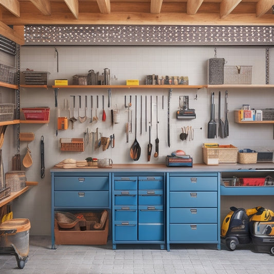 A well-organized garage with a pegboard on the wall, filled with hanging tools and bins, a workbench with labeled drawers, and a floor with neatly arranged tool chests and storage bins.