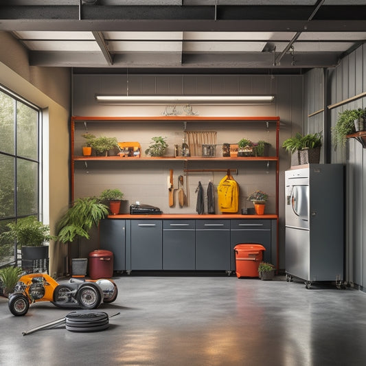 A well-lit, modern garage with epoxy-coated floors, sleek gray cabinets, and a slatwall with organized tools and accessories, surrounded by a few potted plants and a sports car.