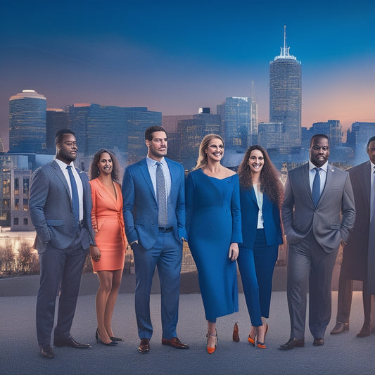 A stylized illustration of the Boston cityscape at dusk, with a subtle glow emanating from a group of diverse, confident, and smiling real estate agents standing together, surrounded by faint outlines of buildings and houses.