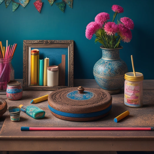 A whimsical, nostalgia-tinged still life featuring a vintage-inspired wooden desk, adorned with colorful chalk sticks, and a partially painted chalkboard surface with swirling, abstract patterns.