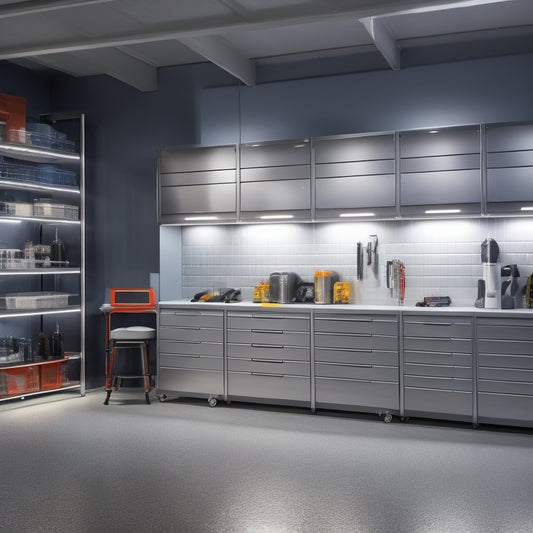A well-organized garage with sleek, silver cabinets, a slotted wall system, and a modular shelving unit, surrounded by a polished concrete floor, and illuminated by LED strip lights.