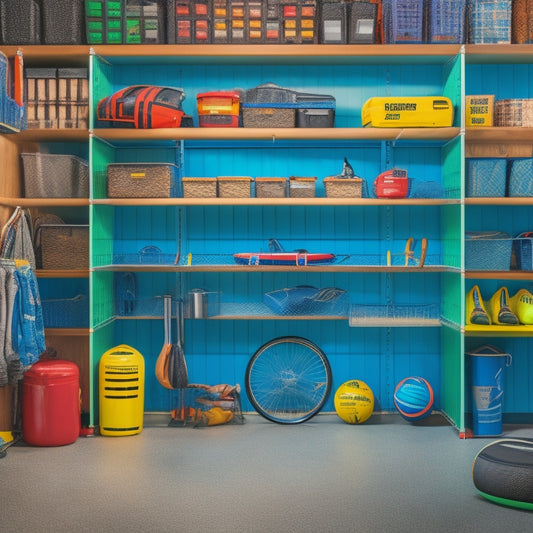 A cluttered garage with tools and sports equipment scattered on the floor, contrasted with a tidy, organized section featuring labeled bins, a slatwall with hooks, and a sleek shelving unit with baskets.