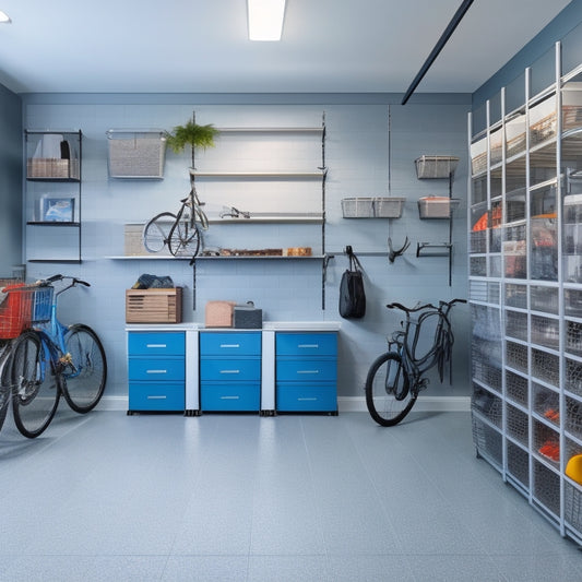 A clutter-free garage with a sleek, gray epoxy-coated floor, featuring a wall-mounted pegboard with hanging bikes, tools, and accessories, alongside a floor-to-ceiling shelving unit with labeled bins and baskets.