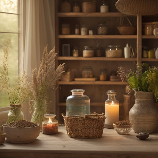 A serene, well-organized workspace with wooden shelves, glass jars, and woven baskets, filled with an assortment of dried herbs, flowers, and candles, illuminated by soft, warm natural light.