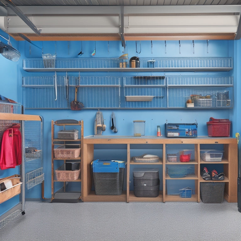 An organized garage with a slatwall featuring hooks, bins, and baskets, a overhead storage rack, and a workbench with a built-in vice, surrounded by a sleek epoxy-coated floor.