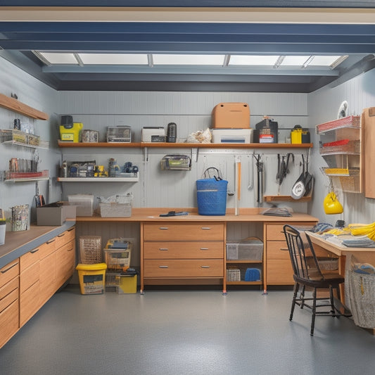A clutter-free tiny garage with a slanted ceiling, showcasing a wall-mounted foldable workbench, overhead storage bins, and a pegboard with hanging tools and baskets, surrounded by a sleek, gray epoxy floor.