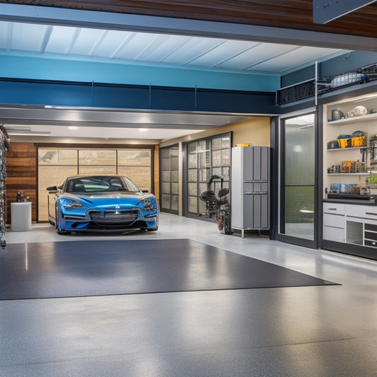 A well-lit, modern garage with a sleek epoxy floor, organized tool stations, and a car lifts, surrounded by floor-to-ceiling storage cabinets and a large, sliding glass door leading to a lush backyard.