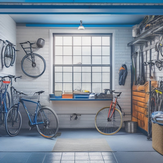 A cluttered garage with bicycles strewn about, contrasted with a sleek, organized space featuring wall-mounted hooks, a floor-to-ceiling storage rack, and a few bikes neatly aligned on a pegboard.