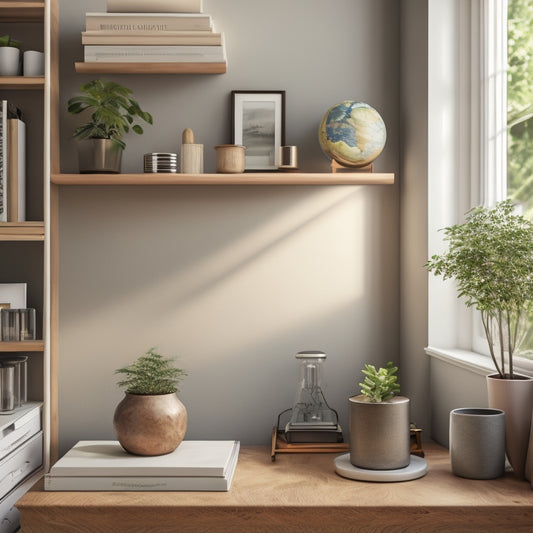 A tidy, minimalist room with a sleek Gearloft Shelf against a light gray wall, holding a few select items like a vintage globe, a small potted plant, and a few books, with a warm, natural light pouring in.