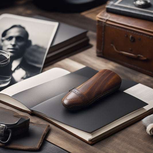 An old, worn, brown leather photo album lies open on a wooden desk, surrounded by scattered black and white photographs, with a small, silver picture frame and a pair of white gloves nearby.