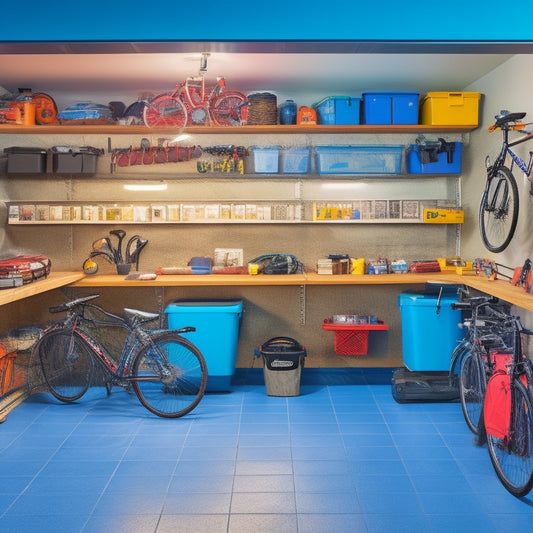 A cluttered garage with scattered tools, bicycles, and storage bins transforms into a sleek, organized space with a slatwall, labeled bins, and a shiny epoxy-coated floor.