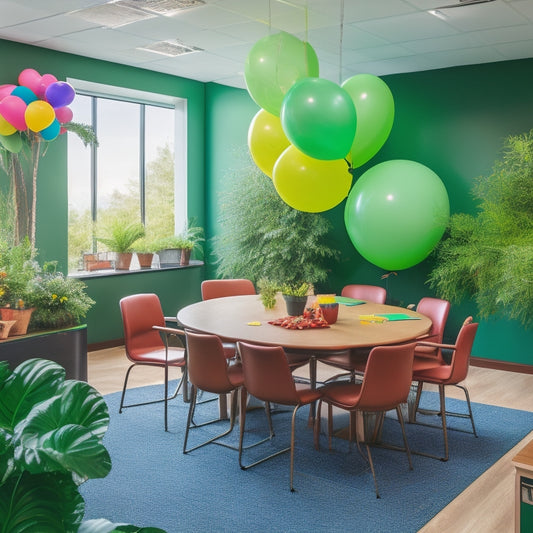 A vibrant conference room with colorful balloons, a giant puzzle on a whiteboard, and a table filled with puzzles, games, and creative supplies, lit by natural light and surrounded by lush green plants.