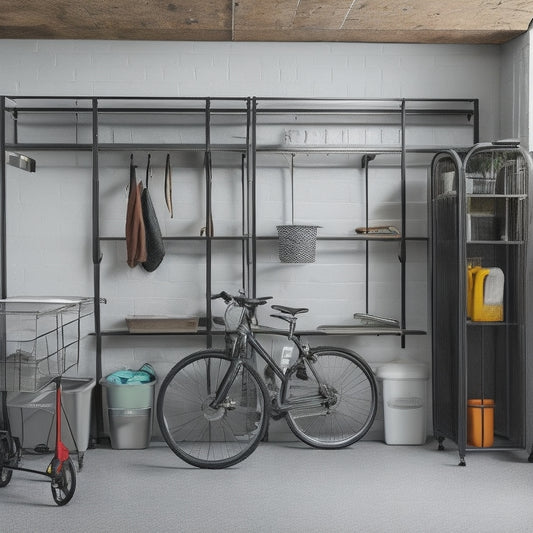 A clutter-free garage with sleek, stainless steel shelves, hooks, and bins, showcasing organized HART toolsets, a hanging bike, and a neatly coiled hose, amidst a clean, grey concrete floor and white walls.
