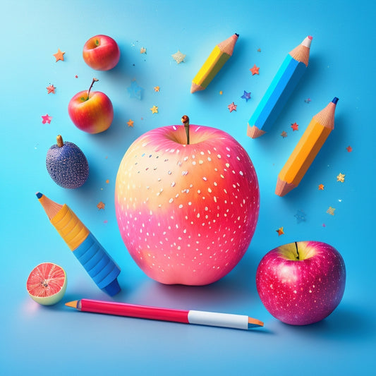 A colorful, whimsical illustration featuring a mix of pencils, apples, and stars, arranged in a playful, layered composition, with subtle gradient effects and bold lines, on a bright, white background.