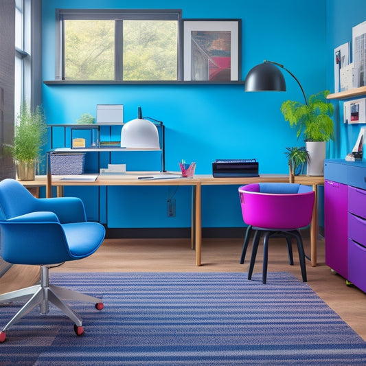 A colorful, modern workspace with a sleek desk and ergonomic chair, featuring a collection of SYS3 bins in various sizes, filled with neatly organized printing materials and office supplies.