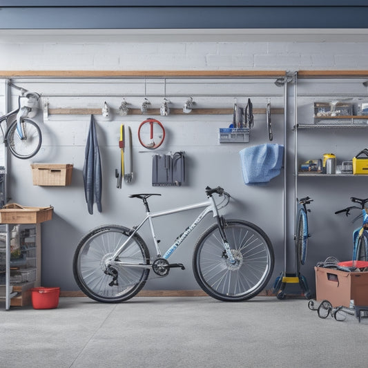 A well-organized garage with sleek, silver FlexiMounts holding various tools and accessories, suspended from a pegboard, against a clean, gray concrete wall, with a few bikes and a car in the background.