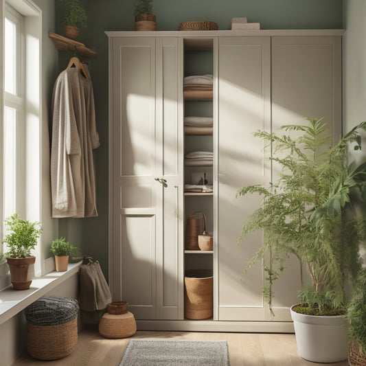 A serene, minimalist closet interior with reclaimed wood shelves, soft green walls, and a few, strategically placed potted plants, illuminated by warm, natural light pouring in through a large window.