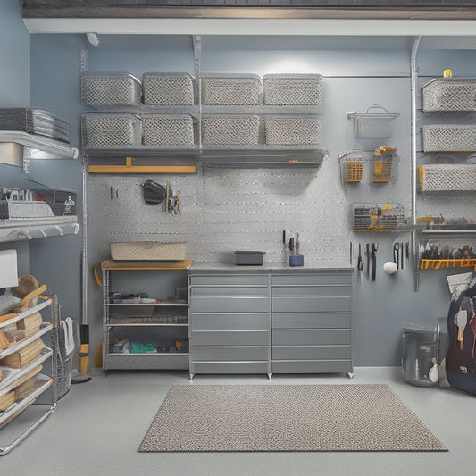 A well-organized garage with a sleek, gray epoxy-coated floor, featuring a wall-mounted pegboard with neatly arranged tools, a stainless steel workbench, and a slatwall with bins and baskets.