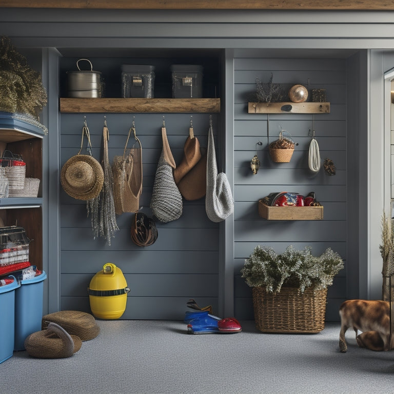 A tidy garage with a slatwall featuring hooks holding seasonal decorations, bins labeled "Winter" and "Summer", and a shelving unit with baskets containing ornaments and lights.